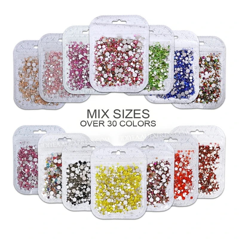 Mix sizes SS3-SS30 over 30 colors nail rhinestones strass non hot fix crystals glass glitters for 3d decor art manicure designs