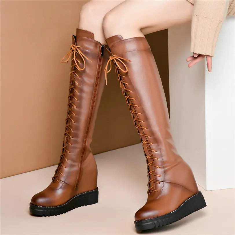 2020 Women Lace Up Genuine Leather Wedges High Heel Knee High Boots Female Winter Warm Warm Thigh High Platform Fashion Sneakers