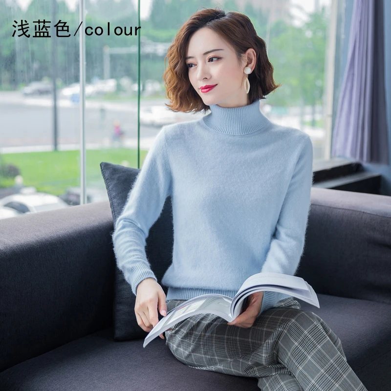 Autumn Winter 100% Mink Cashmere Sweater Women Knitwear Pullover Thick Warm Solid Color Plus Size Base  High Lapel Clothing Tops