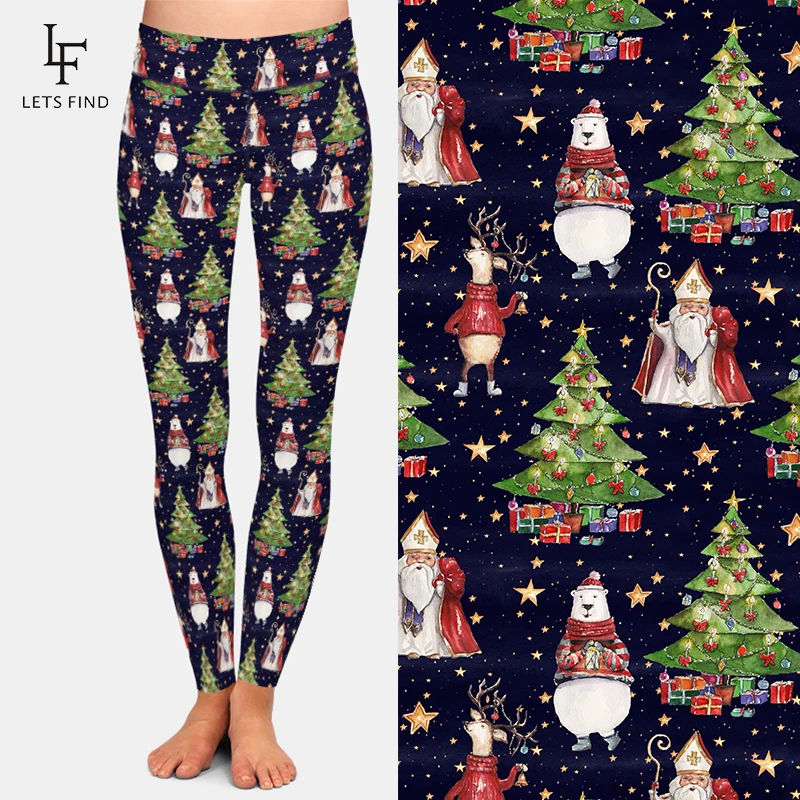 LETSFIND alta qualità 2019 donne inverno albero di natale e babbo natale Leggings stampati elastici pantaloni Fitness a vita alta