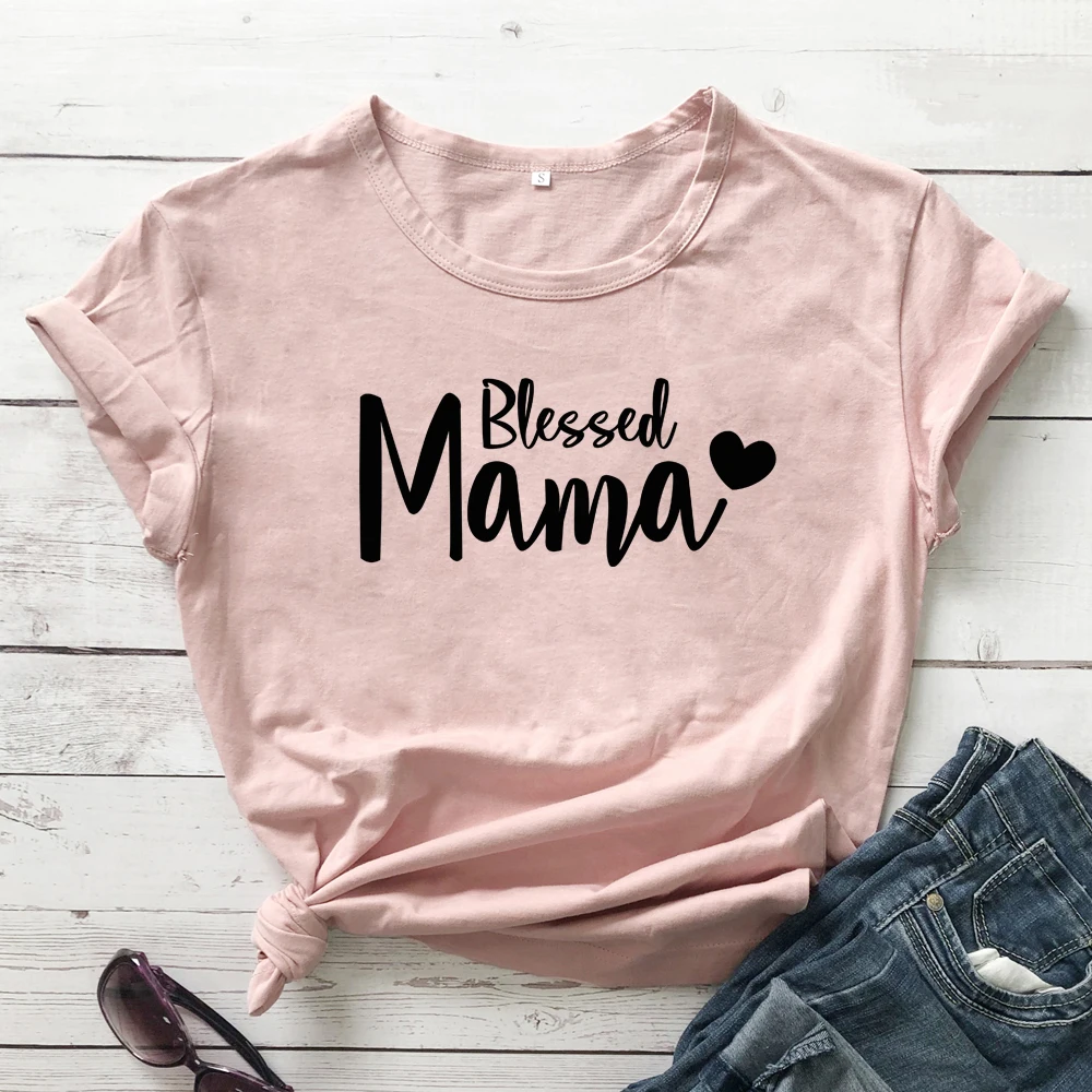 

Blessed Mama Heart T-shirt Cute 90s Mother's Day Gift Cotton Tshirt For New Mommy Funny Women Graphic Mom Birthday Tee Shirt Top