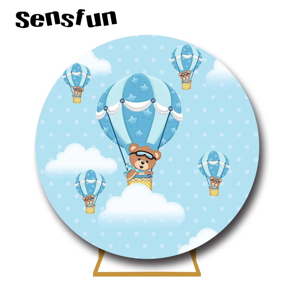 Sensfun-بالونات هواء ساخن زرقاء ، غطاء خلفية مستديرة على شكل دب ، غيوم سماء للأولاد ، استحمام طفل حديث الولادة ، خلفية دائرة لحفلة عيد الميلاد الأول