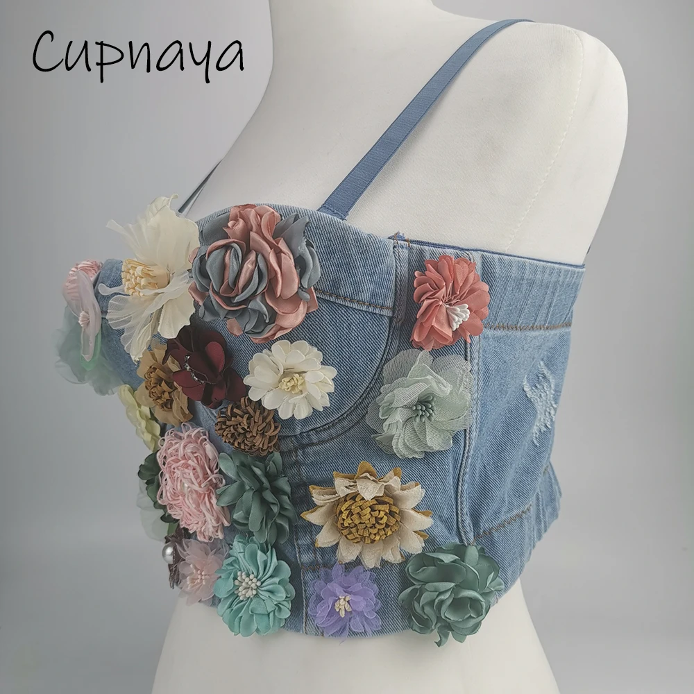 

Cupnaya Flowers Appliques Women Blue Denim Padded Bustier Sexy Club DJ Group Girls Crop Top Corset Camisole Bralette Adjustable