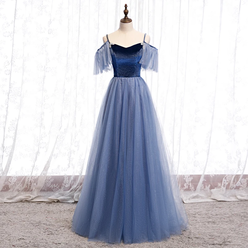 

Evening Dress Simple Elegant Spaghetti Strap Floor-Length Boat Neck Short Sleeves A-Line New Party Formal Dresses Woman B1224