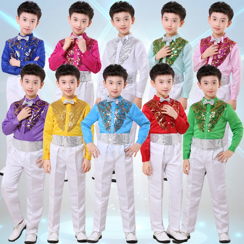 Children's Jazz Dance Latin Dance Pupils Sequins Costumes Boys Hosts Long Sleeve Sets Autumn and Winter Performances