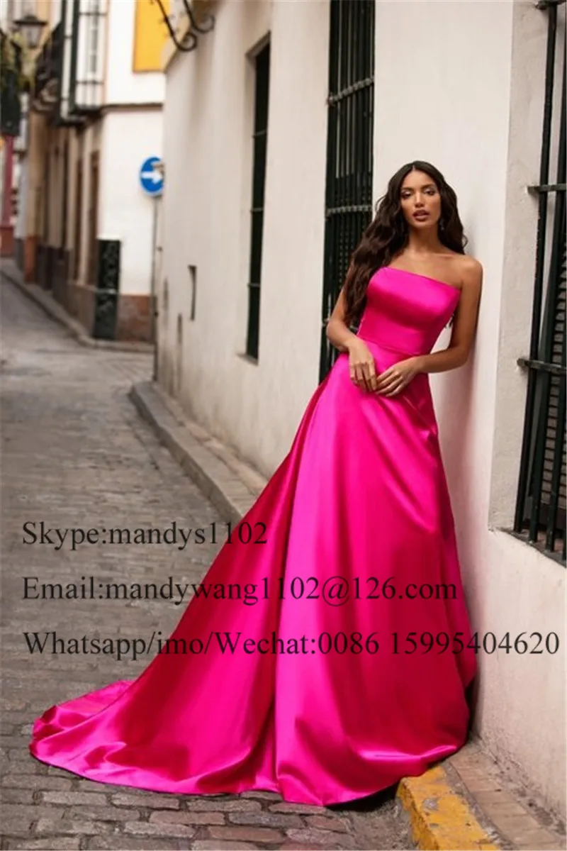 Vestidos largos sin tirantes para mujer, vestido Formal de satén fucsia con Espalda descubierta, Sexy, para fiesta nocturna, 2022