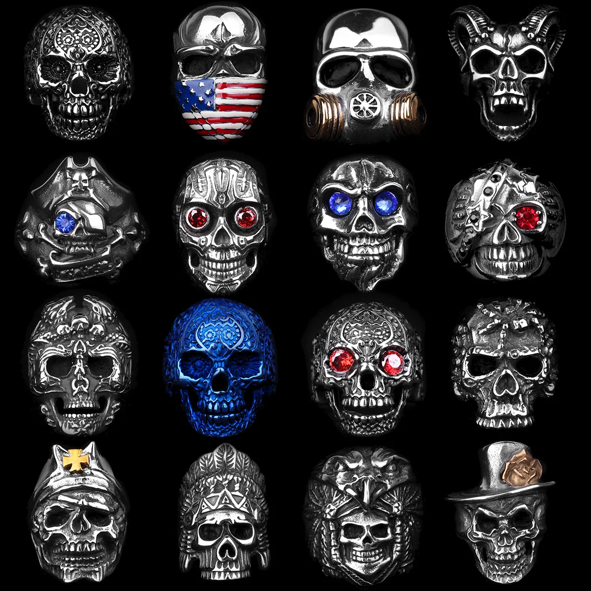 Stainless Steel Men Gothic Skull Head Rings Skeleton Punk Hip Hop Black Cool For Male Boy Jewelry Creativity Gift Wholesale