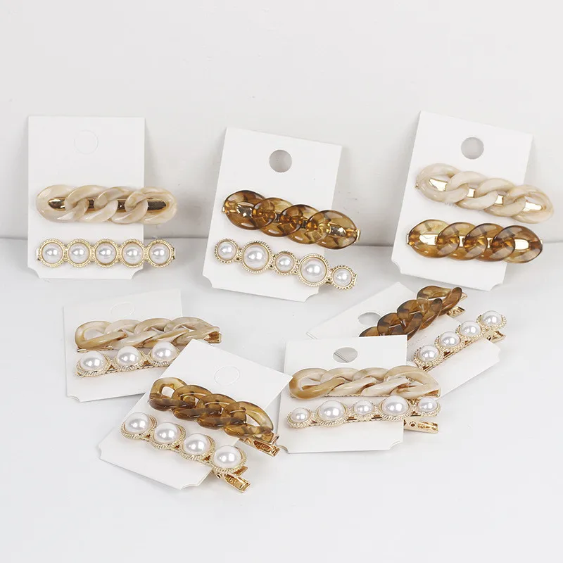 2Pcs/Set Korea Fashion Imitation Pearl Hairpins Women Vintage Acrylic Chain Hair Clips For Girls Hair Accessories Gifts Jewelry