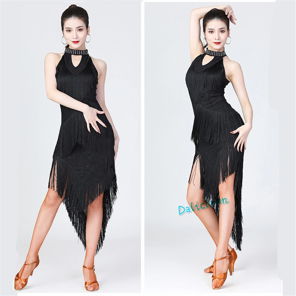 Latin Dance Dress Women Sexy Sequin Fringe Ballroom Dancing Tango Skirt Tassel Competition Salsa Costume Cocktail Dresses