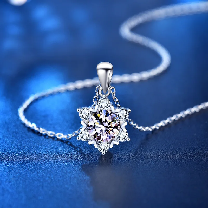 Sterling Silver Snowflake Necklace 1ct D Color VVS1 Genuine Moissanite Lab Diamond 14k White Gold Pendant Necklace Women Jewelry