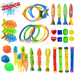 Juguetes de buceo de verano para niños, juego de anillos de peces, torpedo, juegos acuáticos subacuáticos, entrenamiento, piscina, regalos, 35 unids/lote por paquete