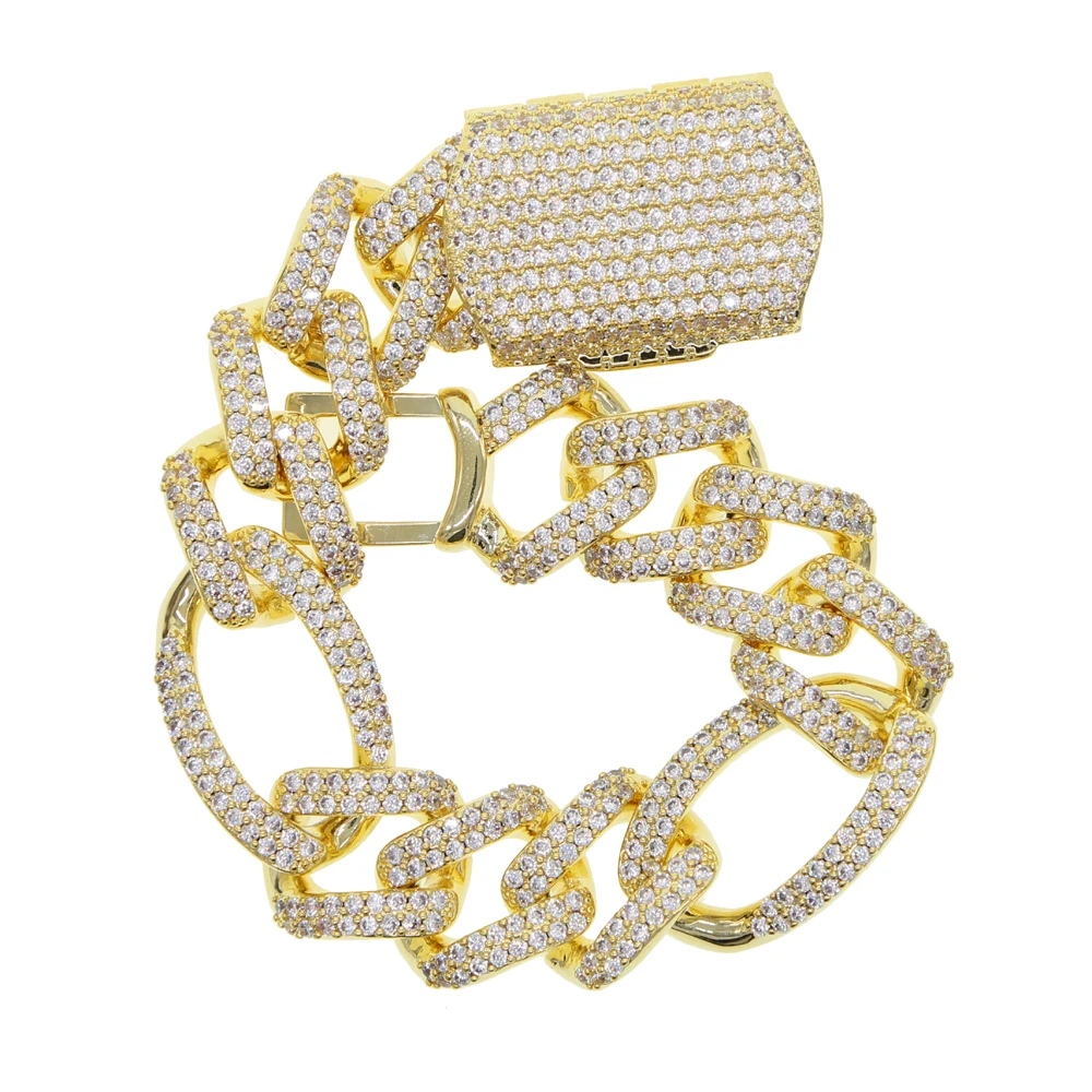 New 19mm Iced Out Prong Miami Cuban China CZ Cubic Zirconia Figaro Chain Men Hip Hop Jewelry