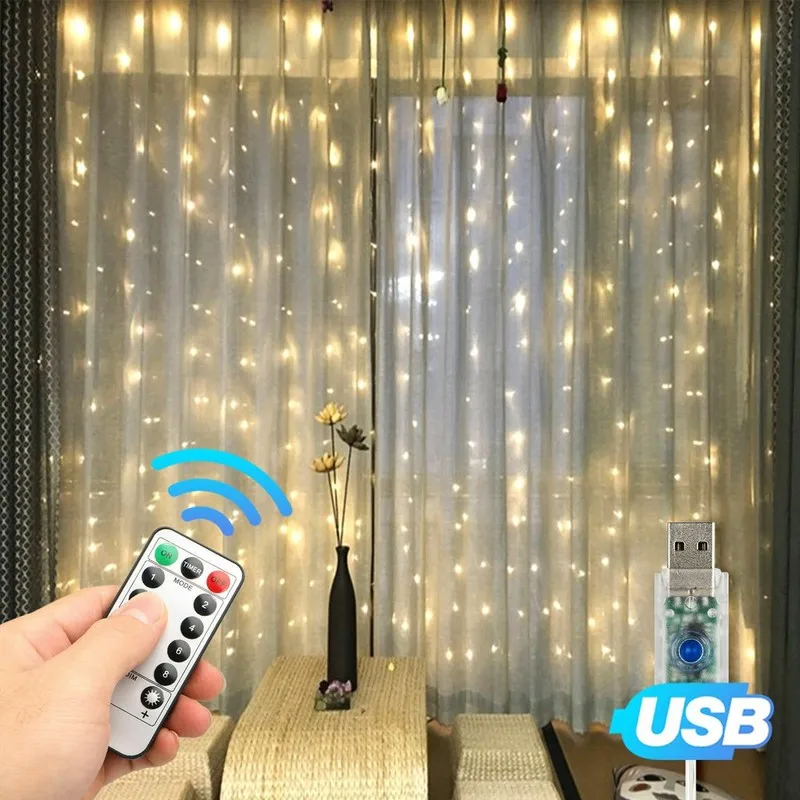 Guirlande lumineuse rideau LED USB, 3M x 3M, féerique, Flash, télécommande pour nouvel an, noël, intérieur, mariage, décoration de maison