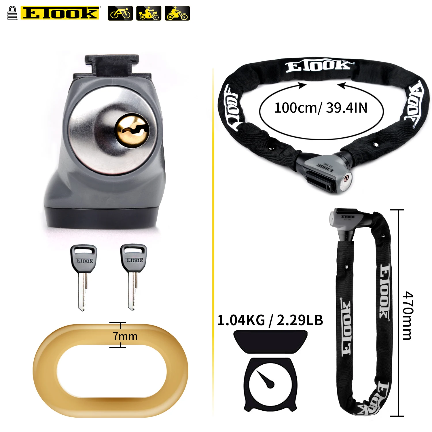 Etook Bicycle Chain Lock Mountain Road Bike Motorcycle Anti-Theft Chain Lock Heavy Duty Door Scooter Lock Bicycle Accessories