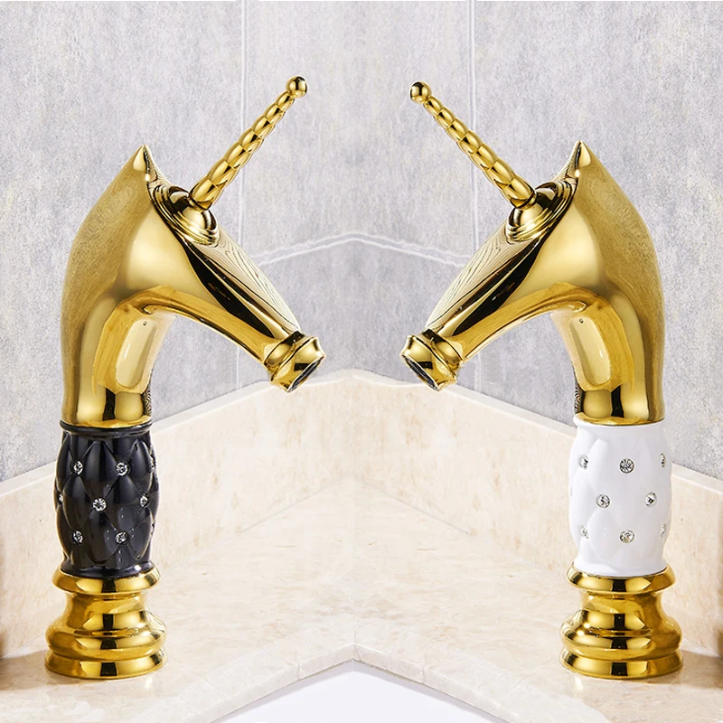 Horse head Brass Animal Shape Bathroom Mixer Tap Deck-mounted Gold Basin Sink Faucet with Ceramic and Diamonds G1076