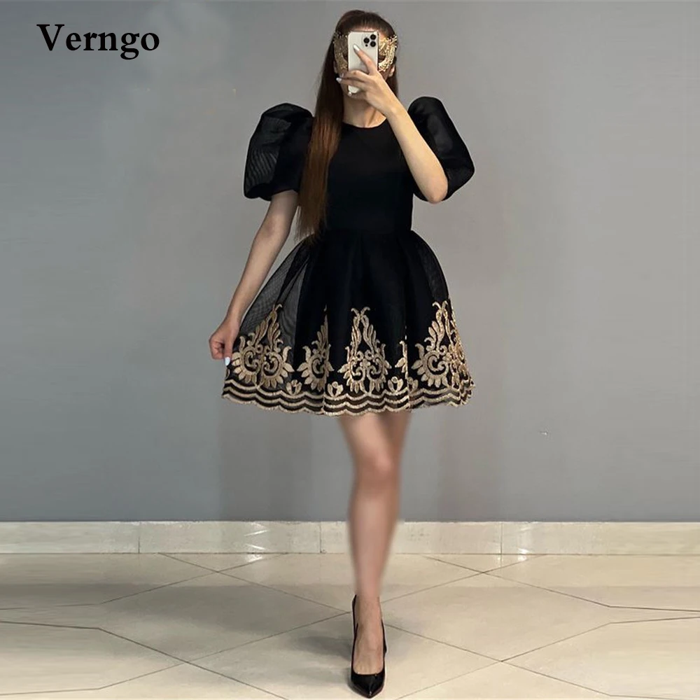 Verngo Black/Red Short Prom Dresses Modest O-Neck Short Sleeves Gold Lace Applique Mini Party Dress Women 2022 Cocktail Dress