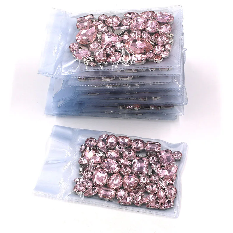 Best seller  Wholesale 5 bags mixed shape glass crystal sliver base Pink rhinestones  diy wedding dress