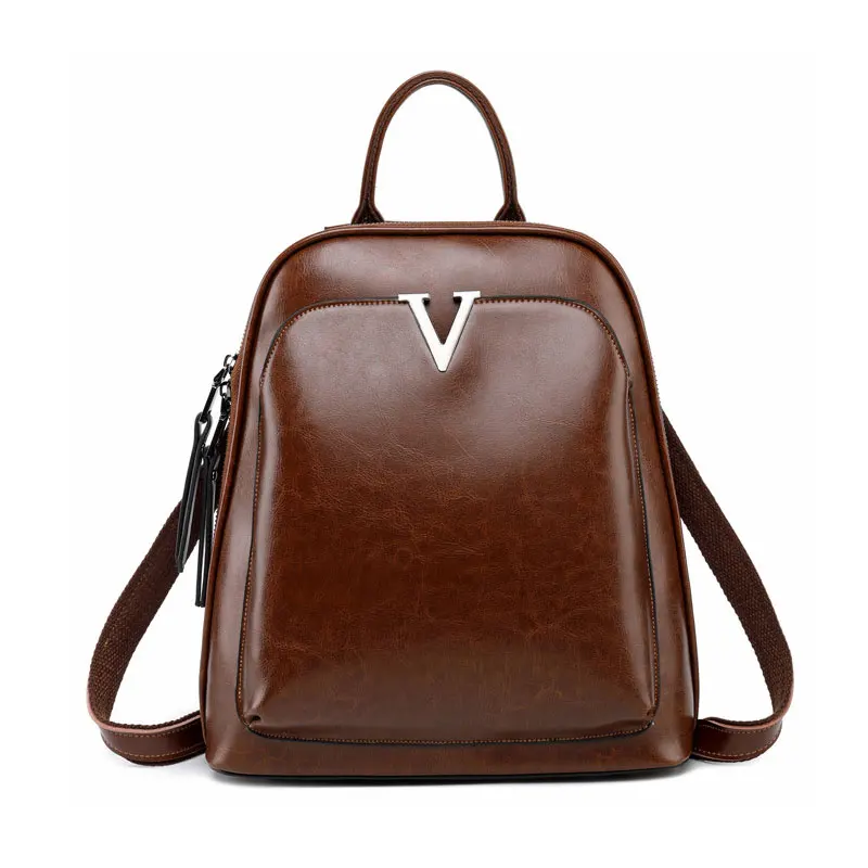 New Women\'s Backpack Leather Oil Wax Leather Retro Student Bag Fashion Personality Solid Color Backpack Creative Computer Bag