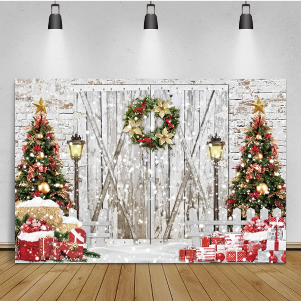 Laeacco Winter Christmas Photography Background Snowflake Tree Gift Grunge Vintage Wooden Door Brick Wall Portrait Backdrop