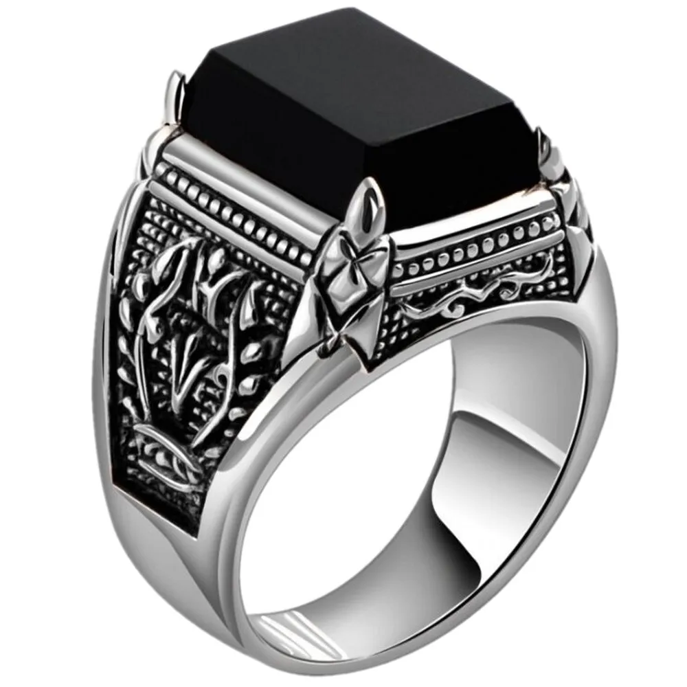 

BOCAI Real Pure S925 Sterling Silver Vintage Thai Lace Inlaid Square Cut Face Black Stone Man's Ring