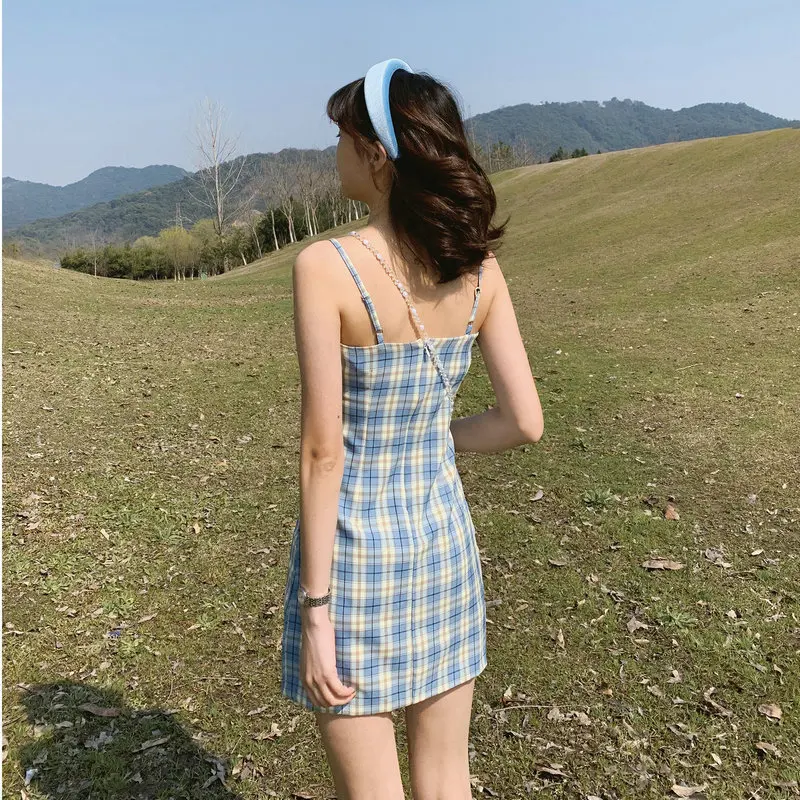 Summer Vintage Plaid Strap Slim Dress Women Sexy Sweet Sleeveless Mini Dress Preppy Suspender Boho Beach Holiday Base Dresses