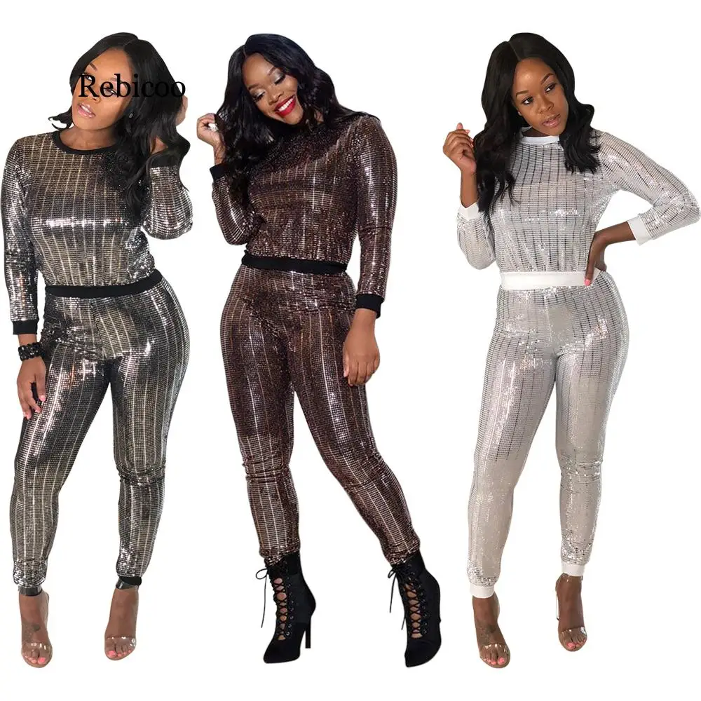 

5 Color Casual Sequin Two Piece Set Women Long Sleeve Pullover Tops + Long Pants Female Winter Sexy Tracksuit Vestidos