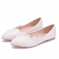 White Ballet Flats Lace Wedding Shoes Flat Heel Casual Shoes Woman Pointed Toe Princess Wedding Flats Plus Size 43