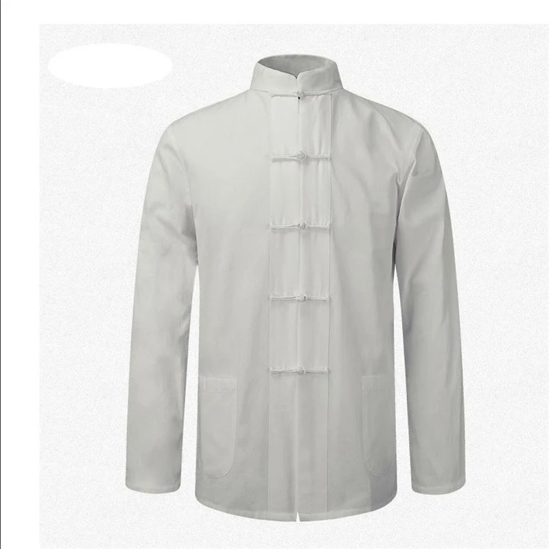 Thin Jacket for Men white Long Sleeve Cotton Shirt Traditional Chinese Clothes Tang Suit Coat clothing Kung Fu Tai Chi Uniform