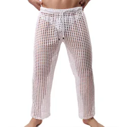 Pantalones de pijama de malla para hombre, ropa de casa de rejilla transparente, informal, transpirable, con cordones, Sexy, holgados