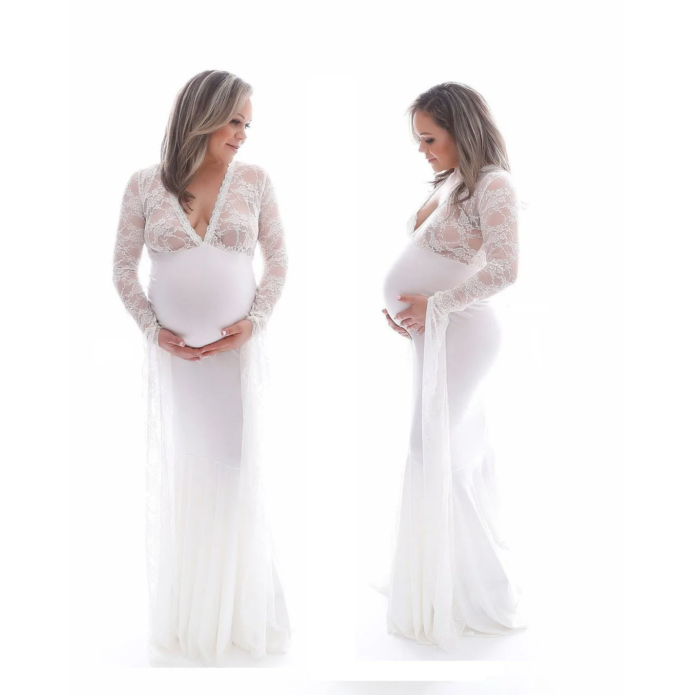 White Sexy Maternity Dresses For Photo Shoot Lace Fancy Pregnancy Dress Photography Props Flare Sleeve Pregnant Women Maxi Gown