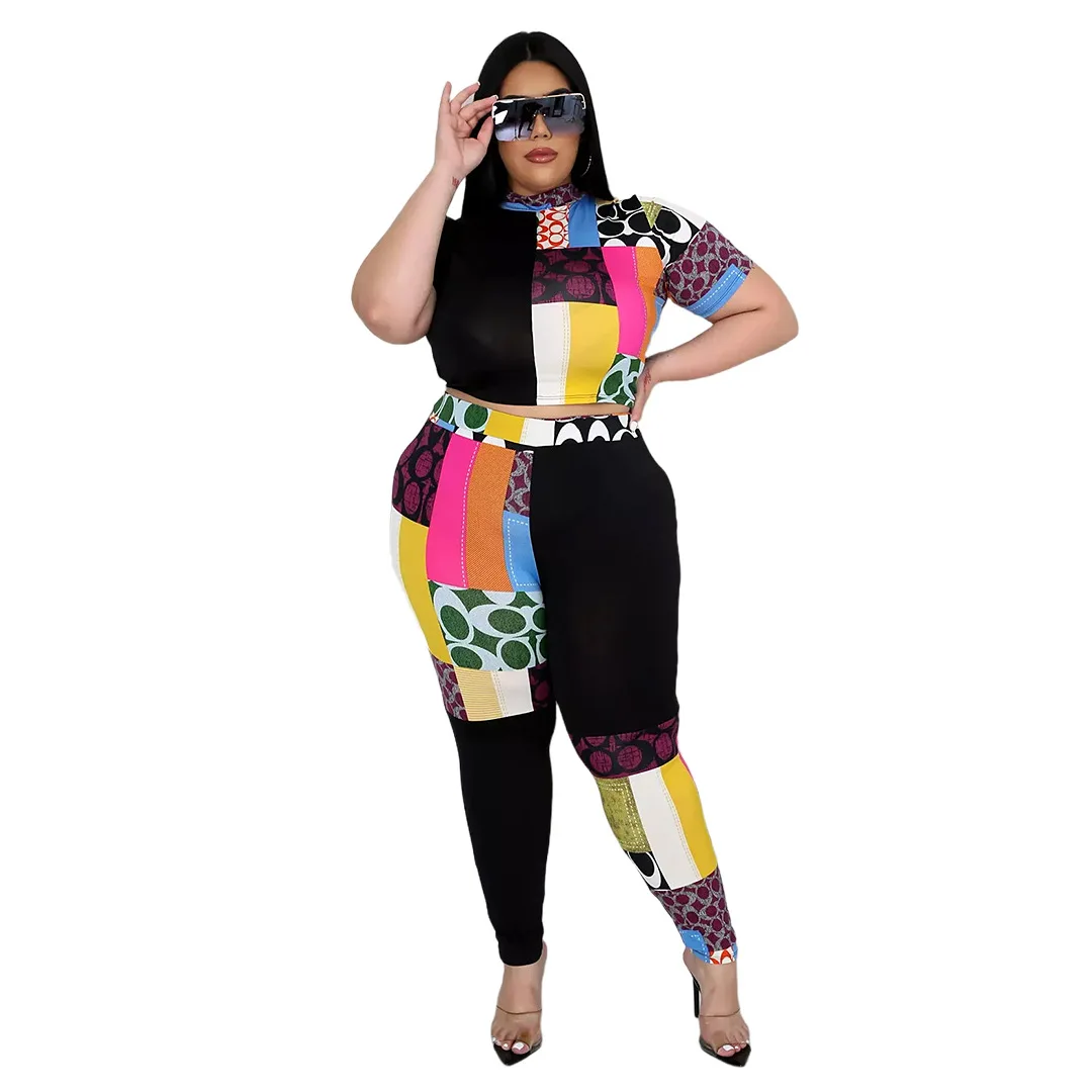 XL-5XL Plus size set women summer clothing fashion printing Stitching color short sleeve top and pant 2 piece outfits Wholesale