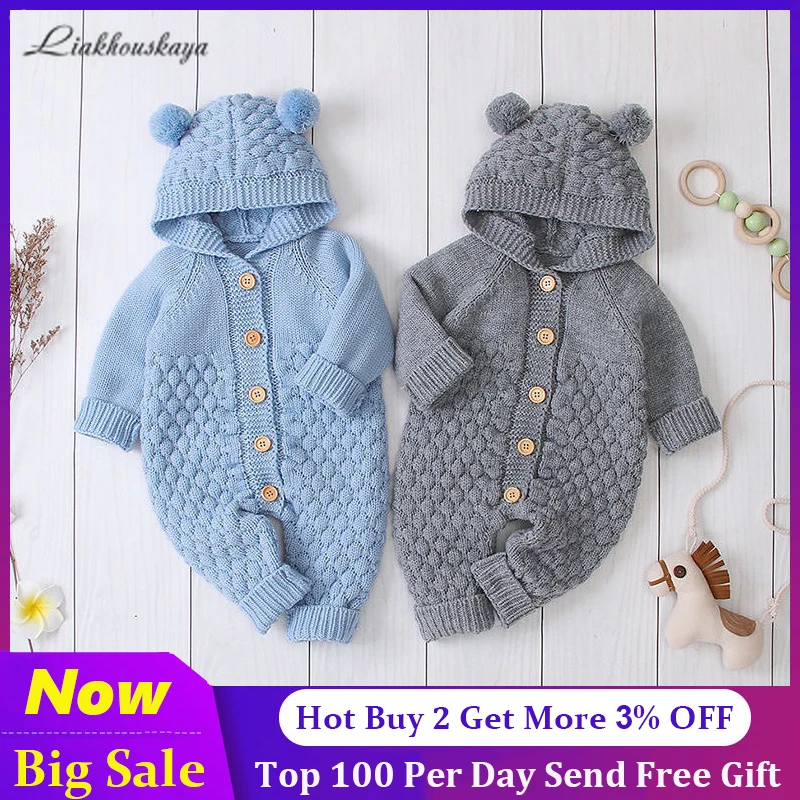 

Baby Winter Jumpsuit Newborn Wool Bear Ear Knit Rompers For Kids Hooded Sweater Overalls Cute Outfit Costume Infant Clothing