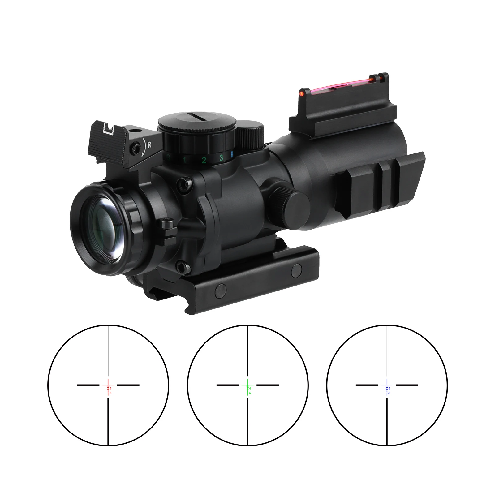 FOCUHUNTER Optics 4x32 Prism Scope Red Green Blue Tri-illuminated 4X Magnification Hunting Fiber Sight Double Side Mounting 20mm