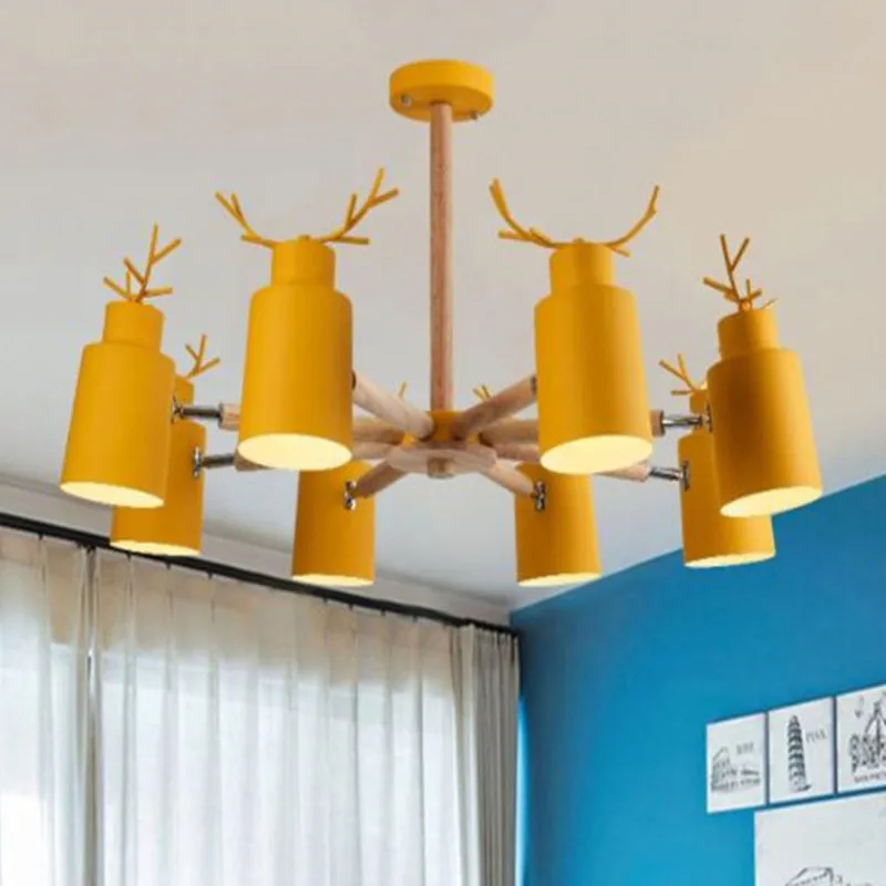 

Nordic Oak wood E27 ceiling chandelier Iron Deer head Shape kitchen living room bedroom Chandelier Lighting Macaroon 7 colos D33