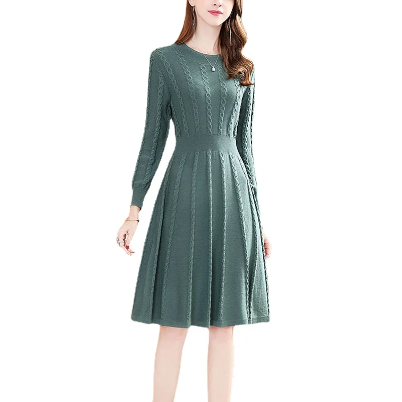 Fashion Elegant O-Neck High Waist A-Line Women Dress Thread All-Match Knitted Dresses Autumn Winter Pleated Slim Sweater Dress