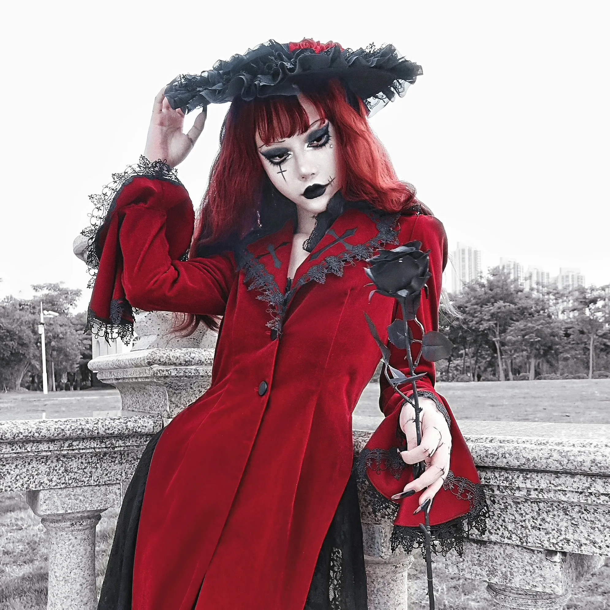 Blood Supply Original Vampire Black Red Lace Fedoras Holloween Lolita Heavy Gothic Rose Hat