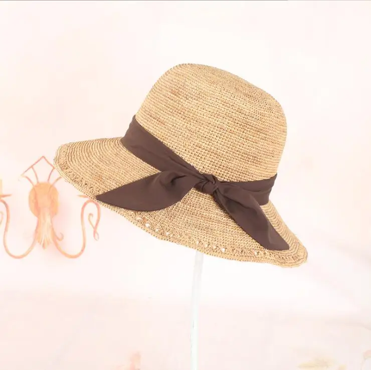 Chapeau en raphia fait à la main avec nœud papillon pour femme, chapeau de paille avec ruban noir et café, cool, beaux chapeaux pour le soleil, printemps et été 2025