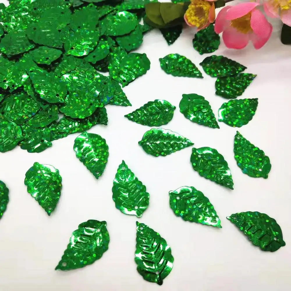 50g/lot Laser Green Leaf Sequins 13*24mm PVC Flat Foliage Hologram Sewing Leafage Leaves