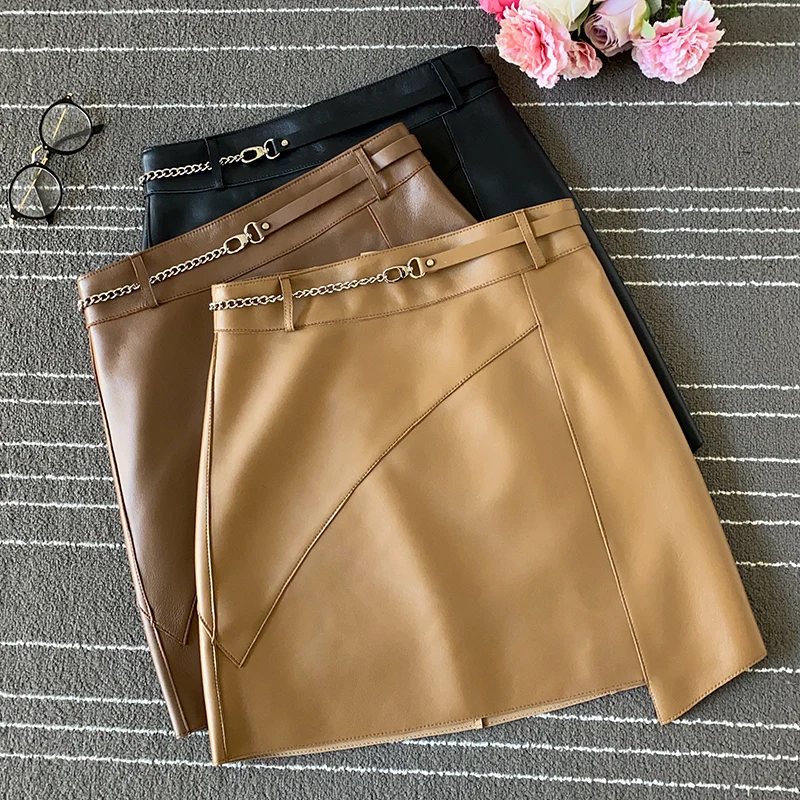 Chic Women's High-rise leather skirts Spring 2021 New Designer Chain belt Genuine leather Skirt C076