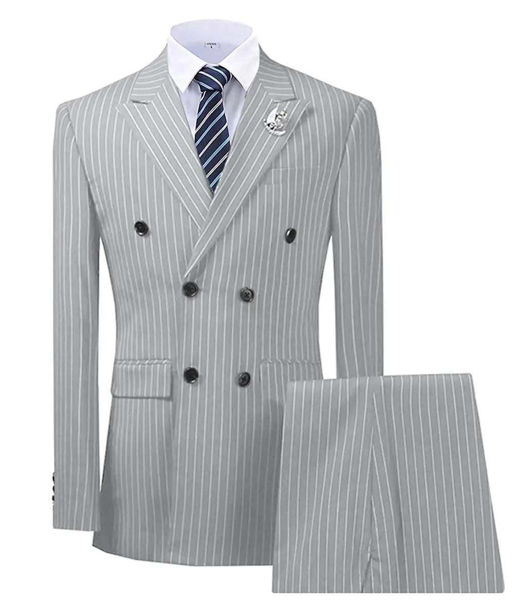 

SOLOVEDRESS Silver Men's Suit 2-Piece Pinstriped Tuxedo Notched Lapel Slim Groom Wedding Office Meeting (Blazer + Pants)