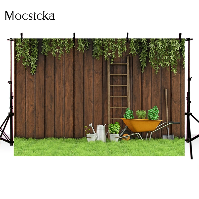 Mocsicka Spring Photography Background Garden Lawn Watering Kettle Decoration Props Child Portrait Photo Backdrop Banner