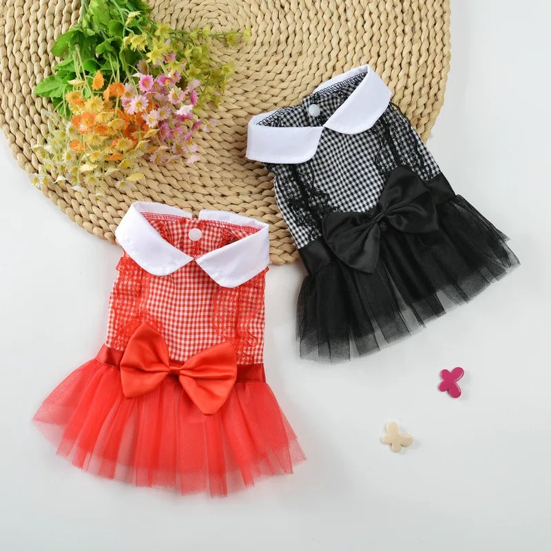 Pet Dress Classic Lattice Dog Gauze Dress Lovely Cat Skirts Clothing Pets Red Black Dress For Small Medium Dogs Pets Product