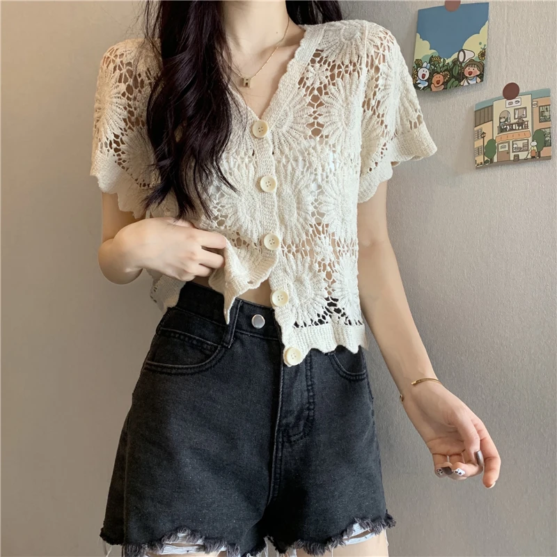 Hook Floral Lace V-Neck Short Sweaters Women Thin Cardigan Short Sleeve Crop Top Hollow Korean Style Knitted Tops Summer Blusas