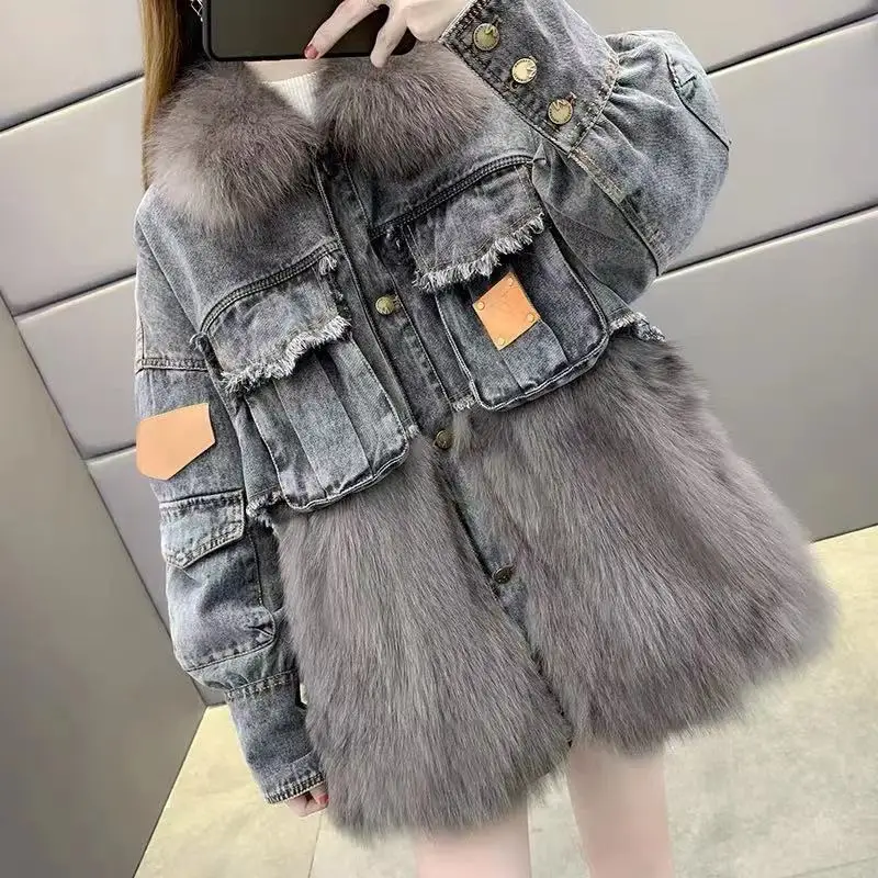 

Casual Denim Jacket Women Winter New Fashion Denim Imitation Fox Fur Stitching Fur Coat Parkas Oversized Workwear Thick Outwear