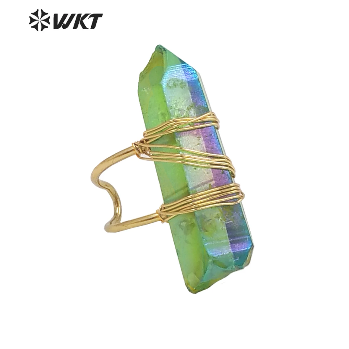 WT-R392 WKT Rock Style Adjustable Size Rings Natural Stones Colorful Crystal Gold Wire Wrapped Aura Quartz Women Jewelry