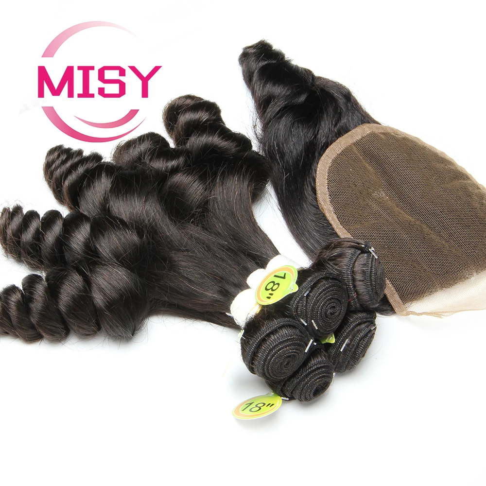 Losse Golf Bundels Met Sluiting Indian Hair Weave Bundels Met 4*4 Lace Closure Remy Human Hair 5 Bundels En Sluiting