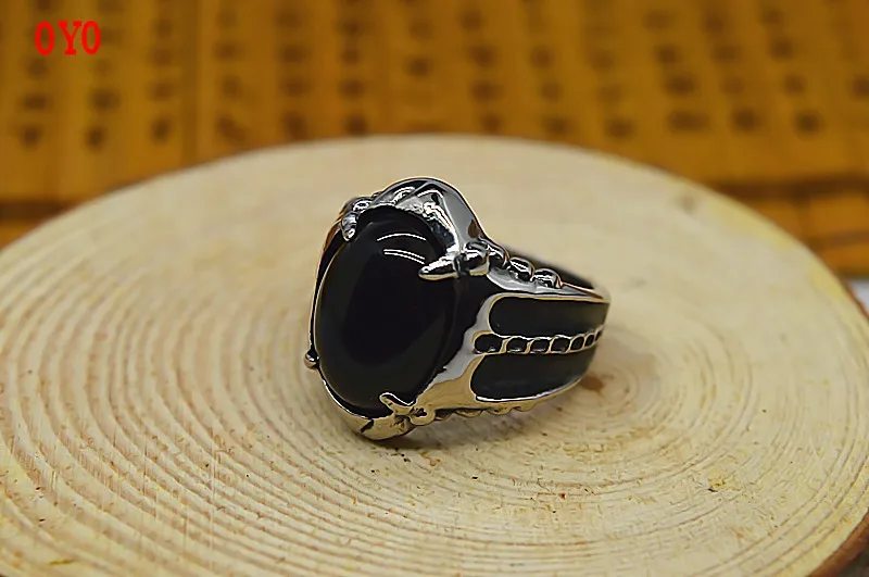 

925 sterling silver men's fashion noble black agate eagle claw ring