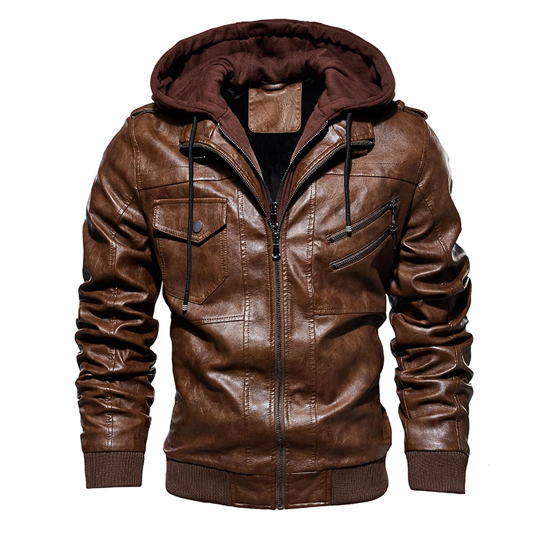 Men's Winter Leather Jackets Business Casual Coat Motorcycle Biker Leather Jacket Hooded Zipper chaqueta cuero hombre