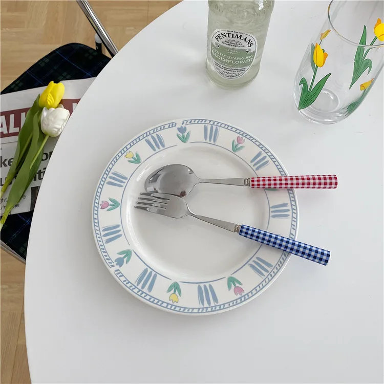 Tableware Dessert Steak Plaid Stainless Steel Ceramic Glossy Blue Red Checked Ceramic Handle Knife Fork Spoon Kitchen Dinnerware