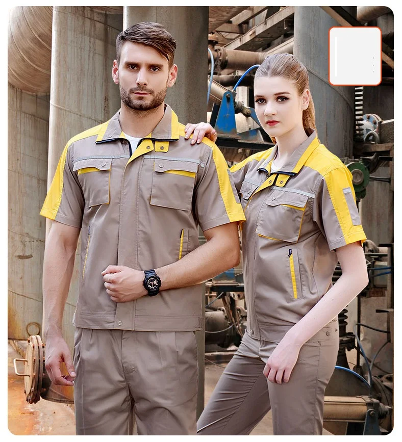 summer workwear Factory workshop uniforms Work clothes set short-sleeve coveralls contrast color safety work clothing reflective